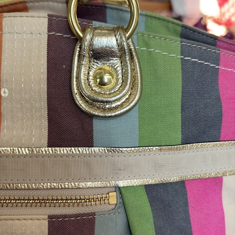 Coach 19026 poppy striped bag tote Crossbody/rhinestone chain add gold leather - Picture 7 of 17